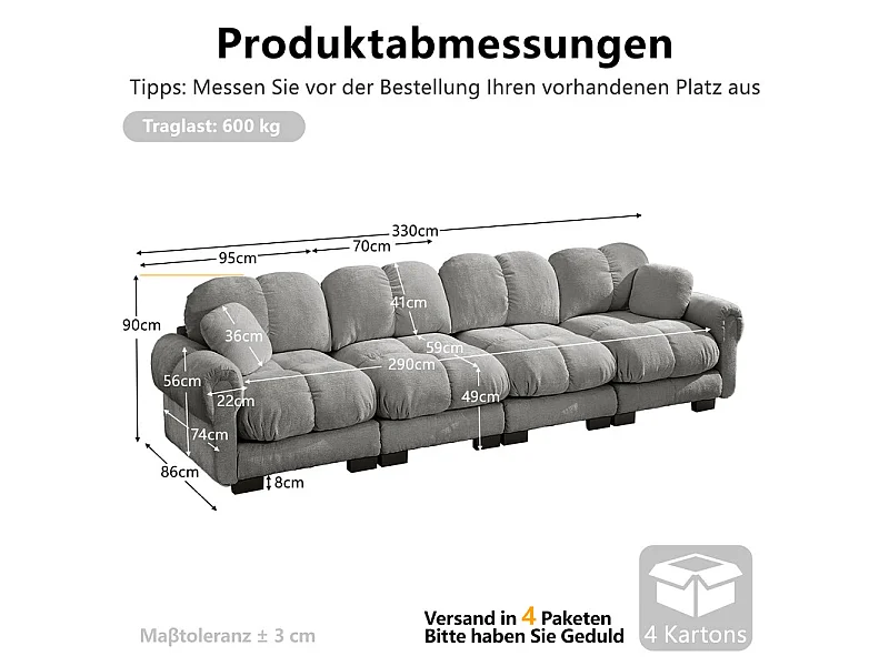 Canapé 4 places en Chenille, avec assise rembourrée et 2 oreillers, 330x86x90cm, Gris