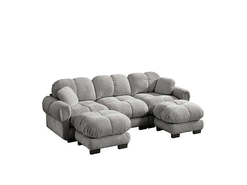 Sofá esquinero panorámico modular en Chenilla, con 2 puf y 2 cojines, 260x149x90cm, Gris