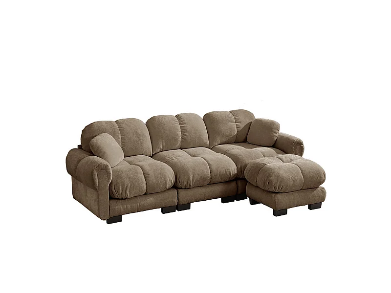 Modulaire hoekbank in Chenille, met afneembare poef en 2 kussens, 260x149x90cm, Bruin