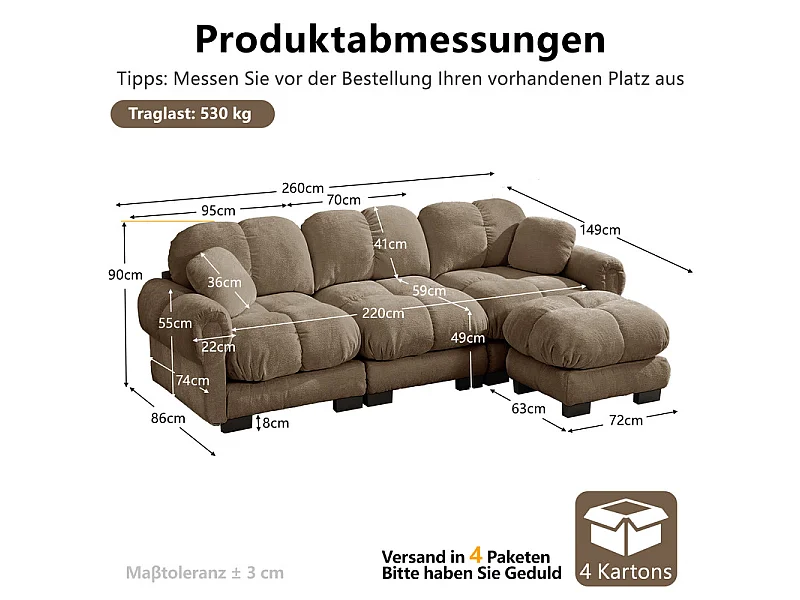 Modulaire hoekbank in Chenille, met afneembare poef en 2 kussens, 260x149x90cm, Bruin