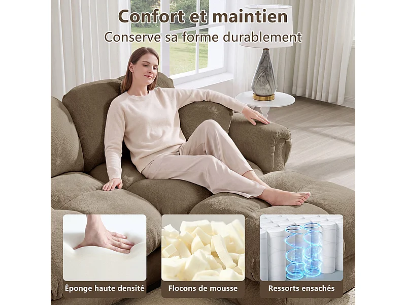 Modulaire hoekbank in Chenille, met afneembare poef en 2 kussens, 260x149x90cm, Bruin
