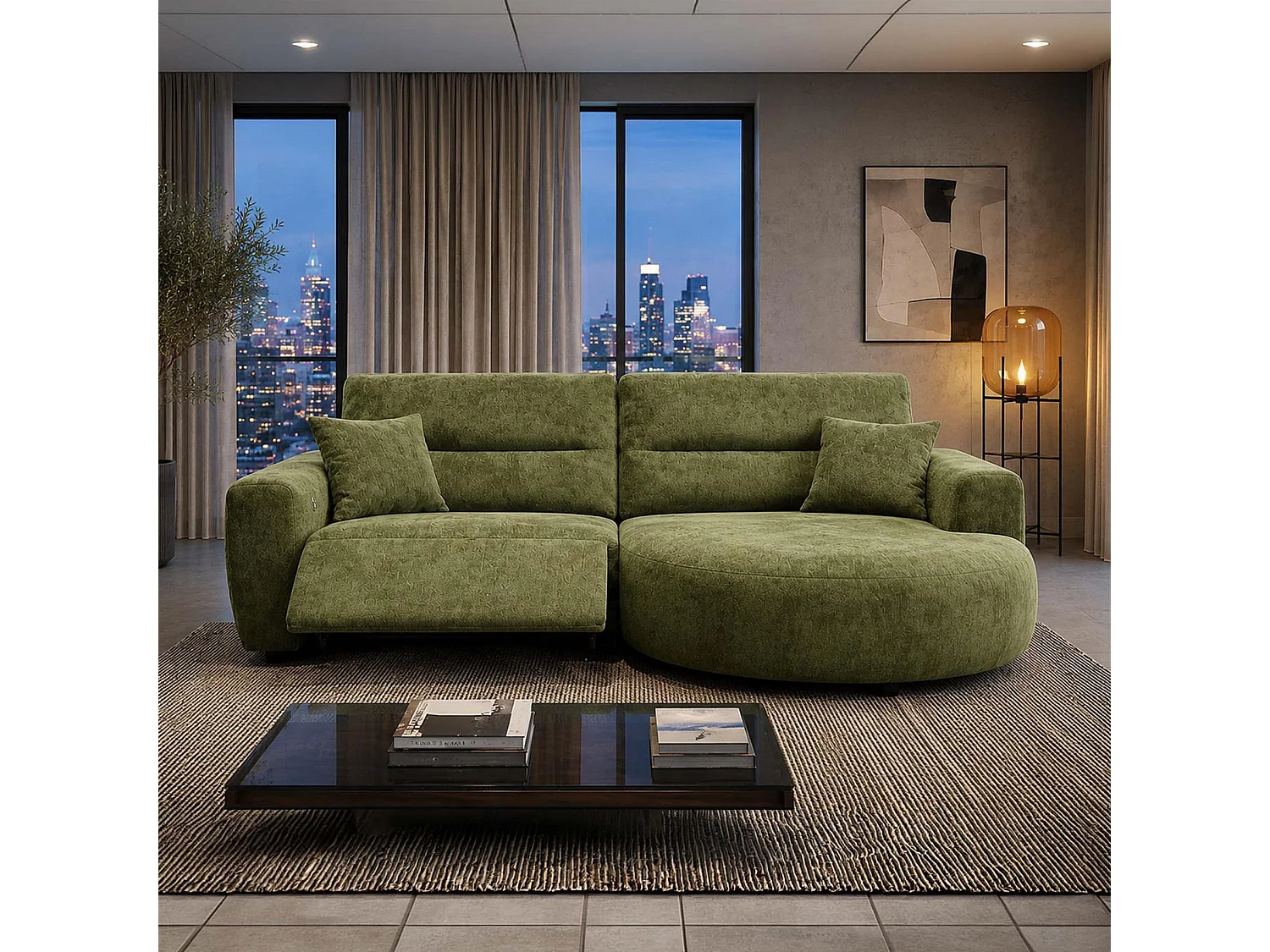 Denton Green Right Hand Electric Recliner Chaise Sofa Chenille Fabric