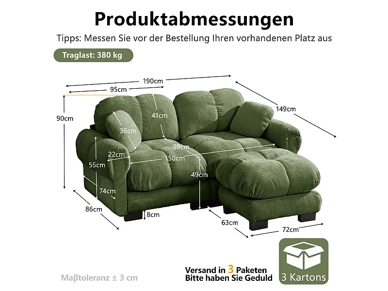 Sofá esquinero modular en Chenilla, con puf extraíble y 2 cojines, 190x149x90cm, Verde