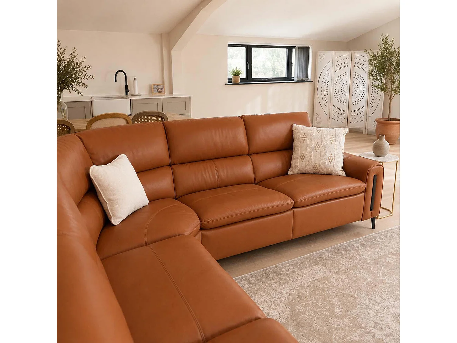 Aria L Shaped  Electric Recliner Sofa Tan Large Corner 5 Seater