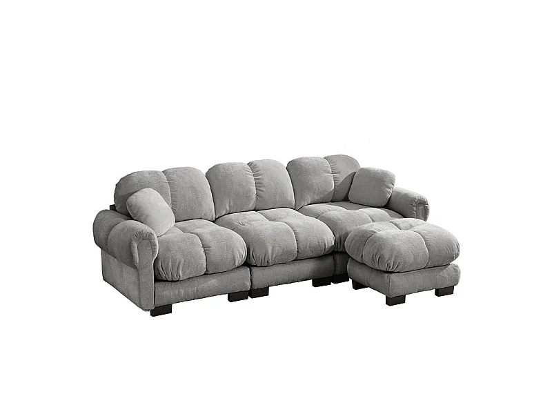 Sofá esquinero modular en Chenilla, con puf extraíble y 2 cojines, 260x149x90cm, Gris