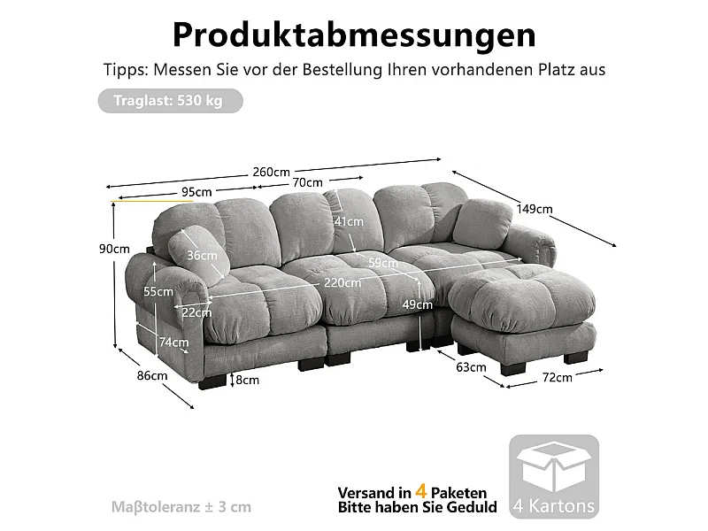 Sofá esquinero modular en Chenilla, con puf extraíble y 2 cojines, 260x149x90cm, Gris