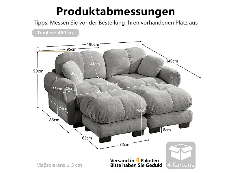 Canapé d'angle modulable en Chenille, avec 2 pouf et 2 oreillers, 190x149x90cm, Gris