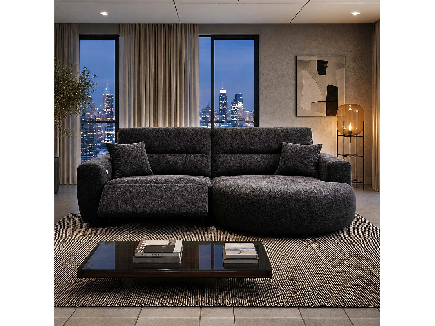 Denton Black Right Hand Electric Recliner Chaise Sofa Chenille Fabric