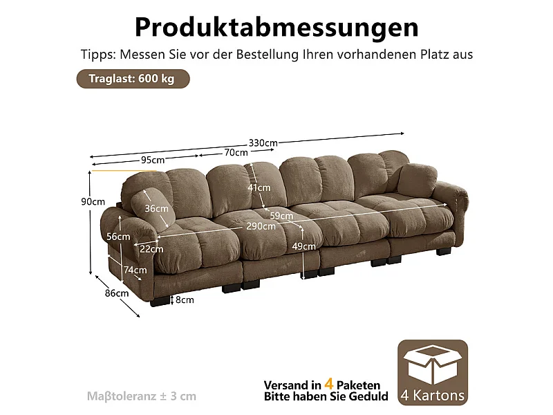 Sofá 4 plazas en Chenilla, con asiento acolchado y 2 cojines, 330x86x90cm, Marrón