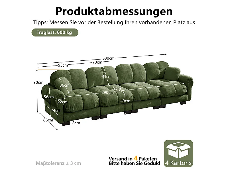 Sofá 4 plazas en Chenilla, con asiento acolchado y 2 cojines, 330x86x90cm, Verde