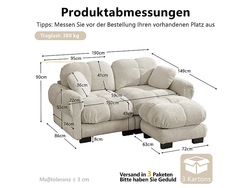 Sofá esquinero modular en Chenilla, con puf extraíble y 2 cojines, 190x149x90cm, Beige