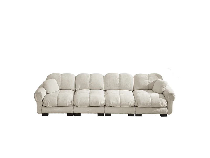 Sofá 4 plazas en Chenilla, con asiento acolchado y 2 cojines, 330x86x90cm, Beige