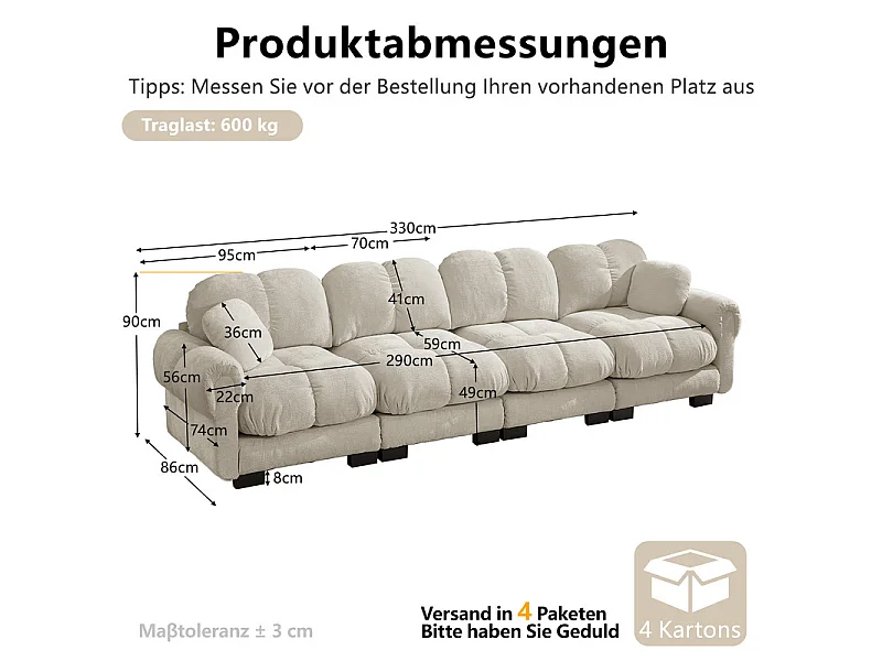 Sofá 4 plazas en Chenilla, con asiento acolchado y 2 cojines, 330x86x90cm, Beige