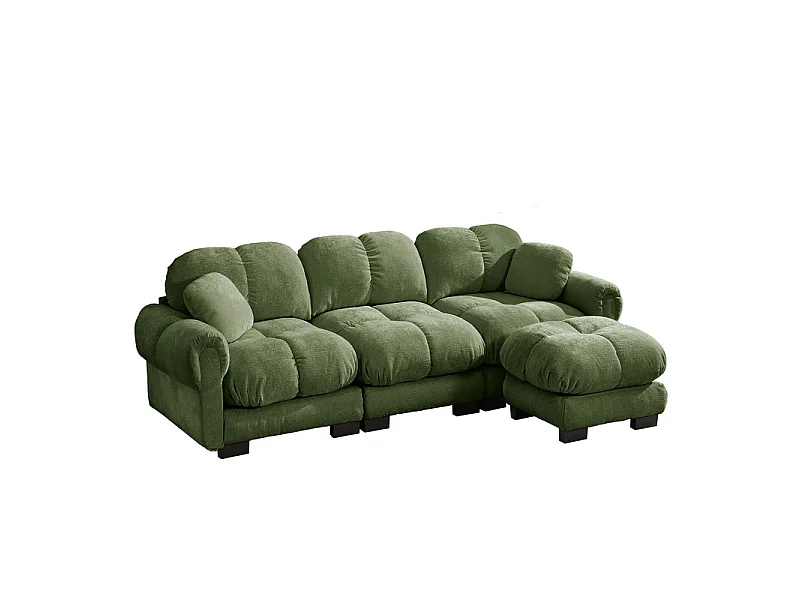 Sofá esquinero modular en Chenilla, con puf extraíble y 2 cojines, 260x149x90cm, Verde