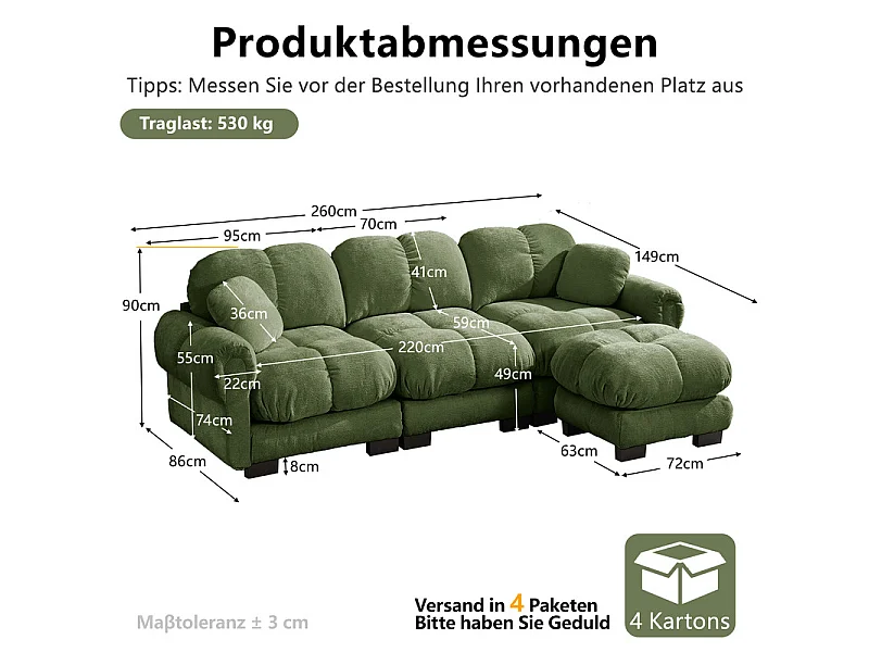 Sofá esquinero modular en Chenilla, con puf extraíble y 2 cojines, 260x149x90cm, Verde