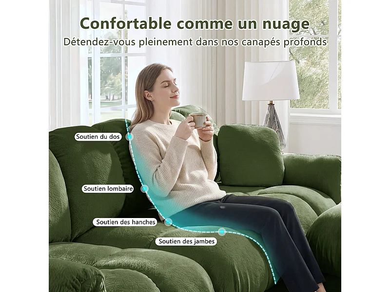 Sofá esquinero modular en Chenilla, con puf extraíble y 2 cojines, 260x149x90cm, Verde