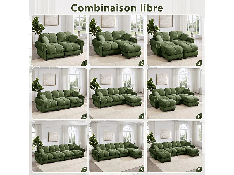 Sofá esquinero modular en Chenilla, con puf extraíble y 2 cojines, 260x149x90cm, Verde