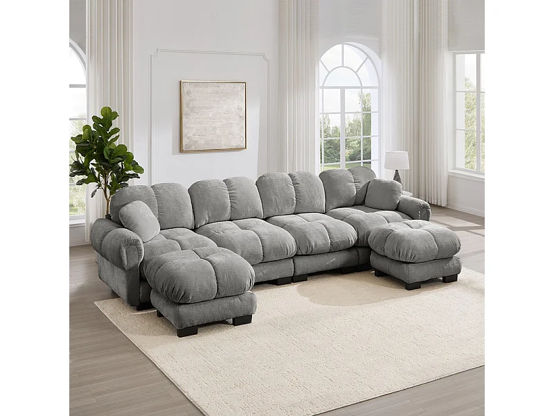 Canapé d'angle panoramique modulable en Chenille, avec 2 pouf et 2 oreillers, 330x149x90cm, Gris