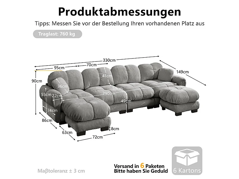 Canapé d'angle panoramique modulable en Chenille, avec 2 pouf et 2 oreillers, 330x149x90cm, Gris