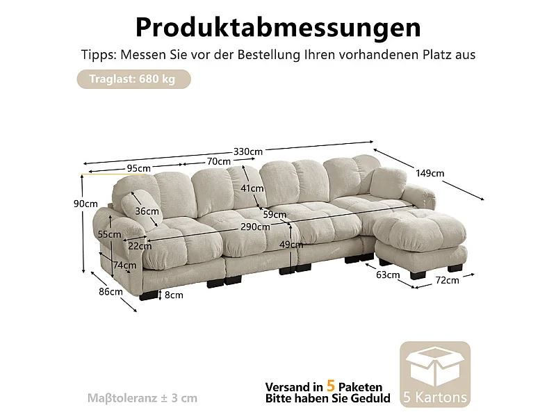 Sofá 4 plazas esquinero modular en Chenilla, con puf y 2 cojines, 330x149x90cm, Beige