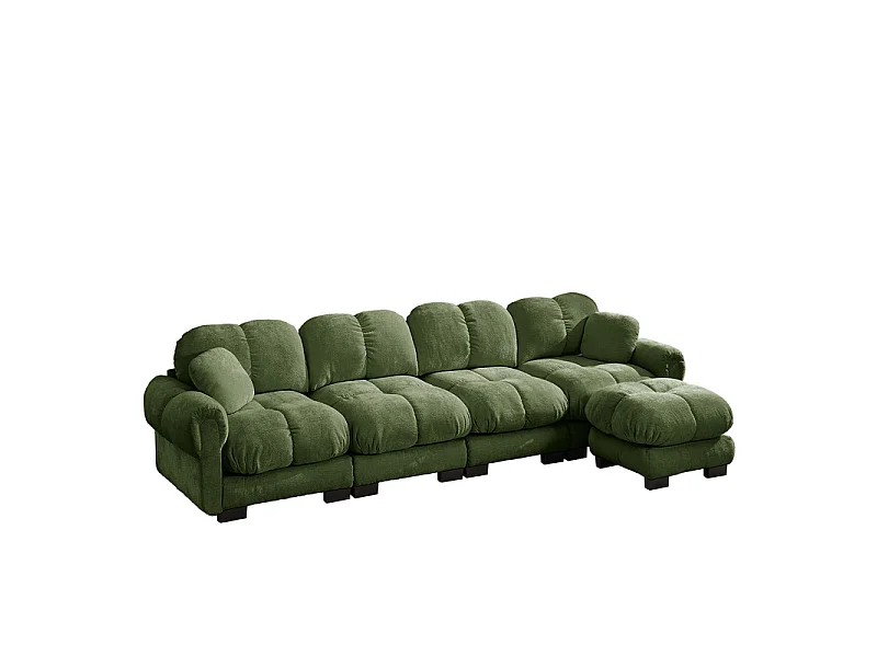 Sofá 4 plazas esquinero modular en Chenilla, con puf y 2 cojines, 330x149x90cm, Verde