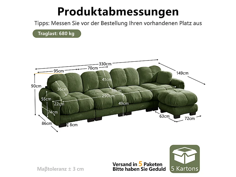Sofá 4 plazas esquinero modular en Chenilla, con puf y 2 cojines, 330x149x90cm, Verde