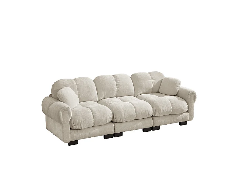 Sofá 3 plazas en Chenilla, con asiento acolchado y 2 cojines, 260x86x90cm, Beige