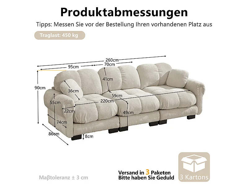 Sofá 3 plazas en Chenilla, con asiento acolchado y 2 cojines, 260x86x90cm, Beige