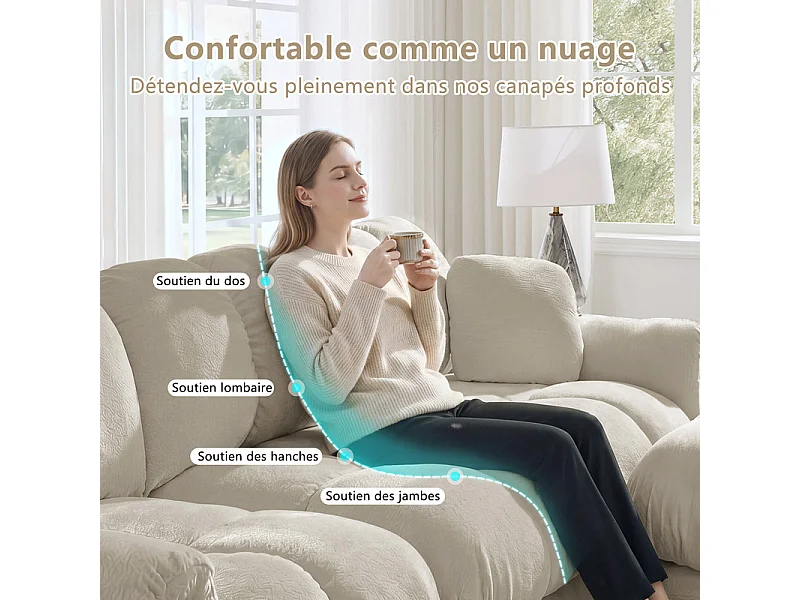 Sofá 3 plazas en Chenilla, con asiento acolchado y 2 cojines, 260x86x90cm, Beige