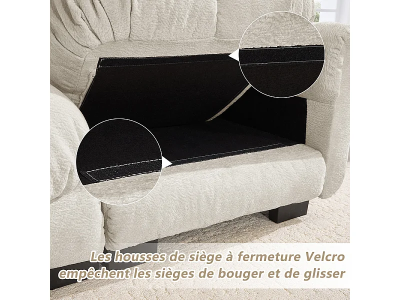 Sofá 3 plazas en Chenilla, con asiento acolchado y 2 cojines, 260x86x90cm, Beige