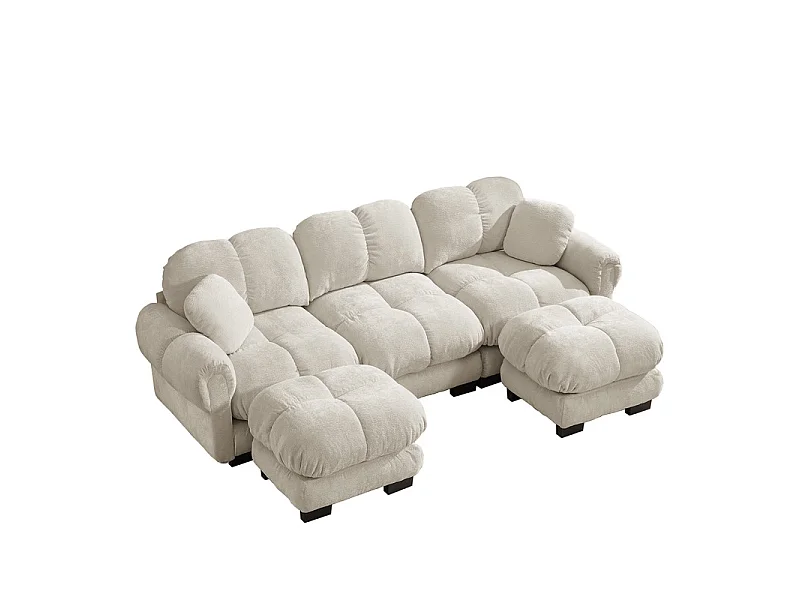 Sofá esquinero panorámico modular en Chenilla, con 2 puf y 2 cojines, 260x149x90cm, Beige