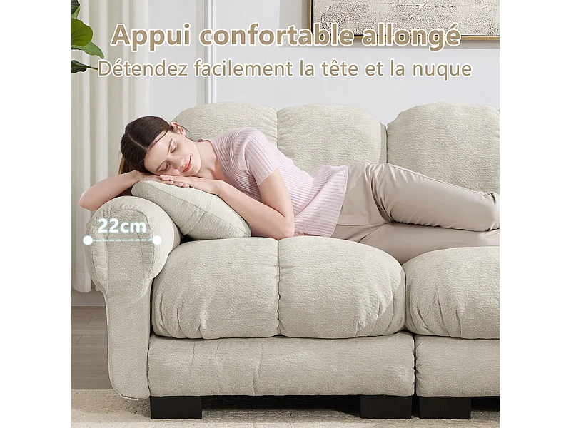 Sofá esquinero panorámico modular en Chenilla, con 2 puf y 2 cojines, 260x149x90cm, Beige