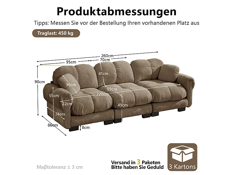 3-zits bank in Chenille, met gestoffeerde zitting en 2 kussens, 260x86x90cm, Bruin