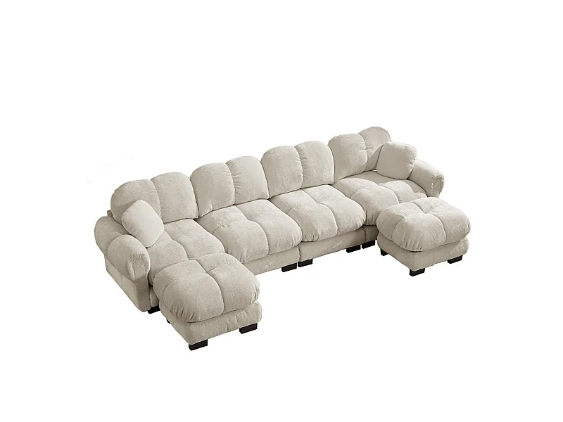 Sofá esquinero panorámico modular en Chenilla, con 2 puf y 2 cojines, 330x149x90cm, Beige