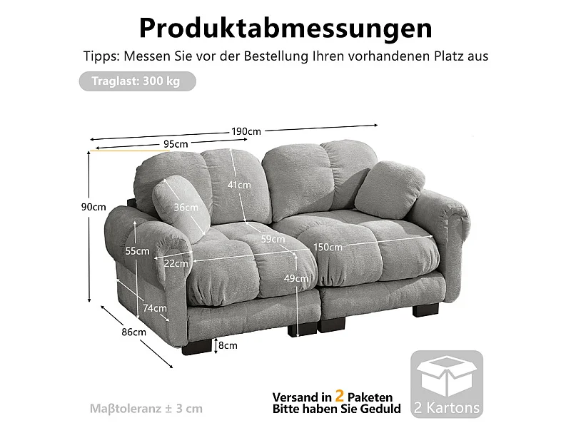 Canapé 2 places en Chenille, avec assise rembourrée et 2 oreillers, 190x86x90cm, Gris