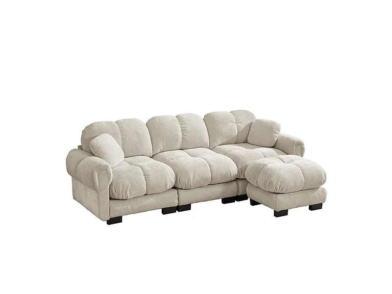 Sofá esquinero modular en Chenilla, con puf extraíble y 2 cojines, 260x149x90cm, Beige