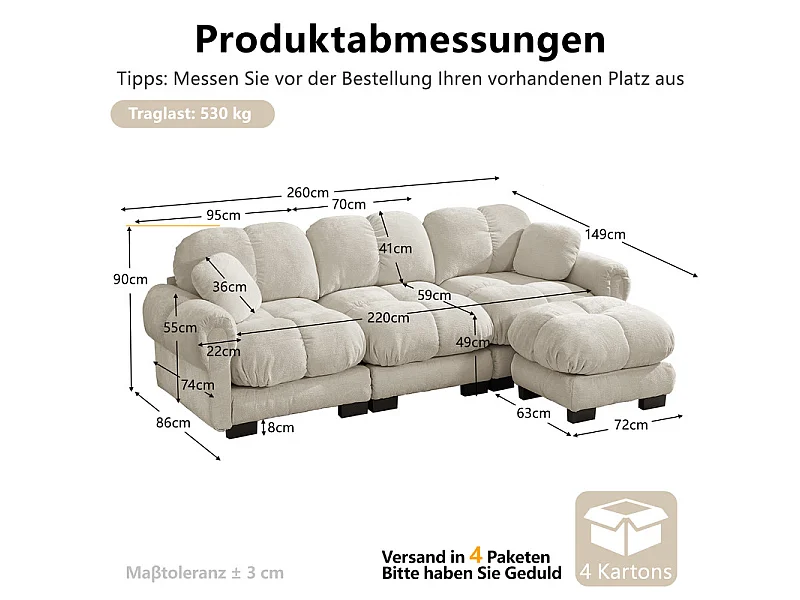 Sofá esquinero modular en Chenilla, con puf extraíble y 2 cojines, 260x149x90cm, Beige