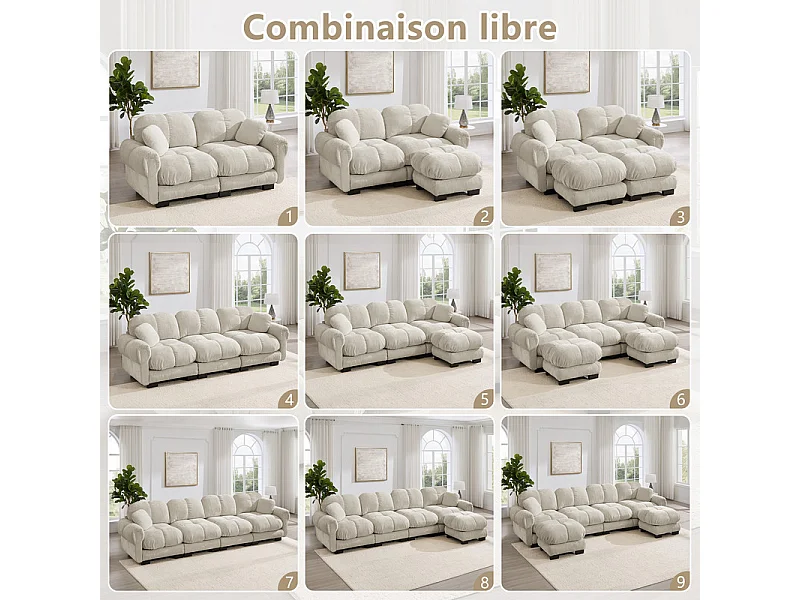 Sofá esquinero modular en Chenilla, con puf extraíble y 2 cojines, 260x149x90cm, Beige