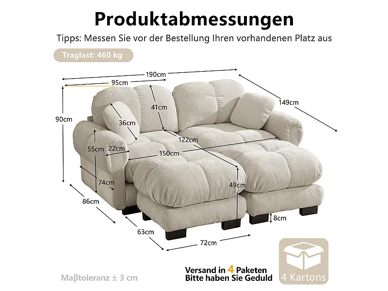 Sofá esquinero modular en Chenilla, con 2 puf y 2 cojines, 190x149x90cm, Beige