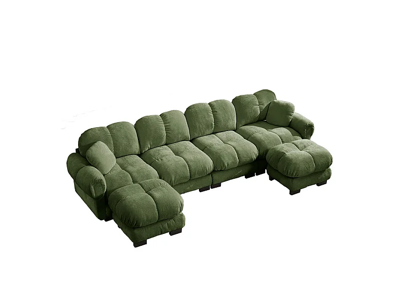 Sofá esquinero panorámico modular en Chenilla, con 2 puf y 2 cojines, 330x149x90cm, Verde