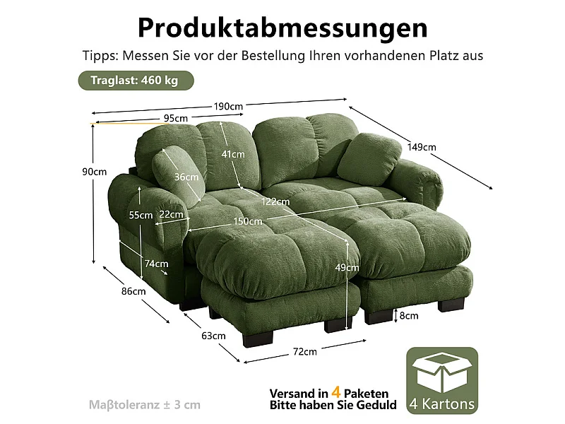 Sofá esquinero modular en Chenilla, con 2 puf y 2 cojines, 190x149x90cm, Verde