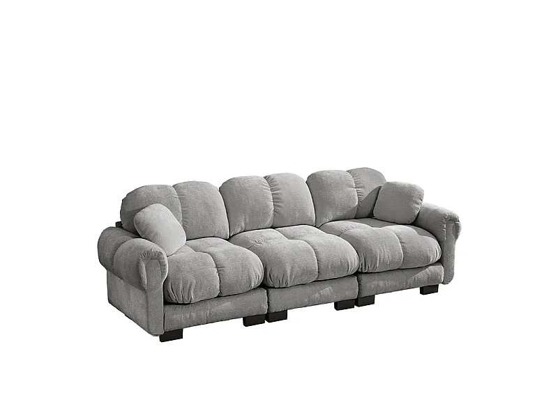Sofá 3 plazas en Chenilla, con asiento acolchado y 2 cojines, 260x86x90cm, Gris