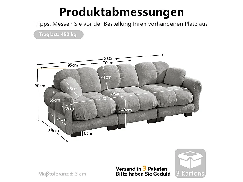 Sofá 3 plazas en Chenilla, con asiento acolchado y 2 cojines, 260x86x90cm, Gris
