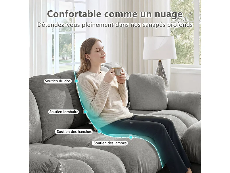Sofá 3 plazas en Chenilla, con asiento acolchado y 2 cojines, 260x86x90cm, Gris