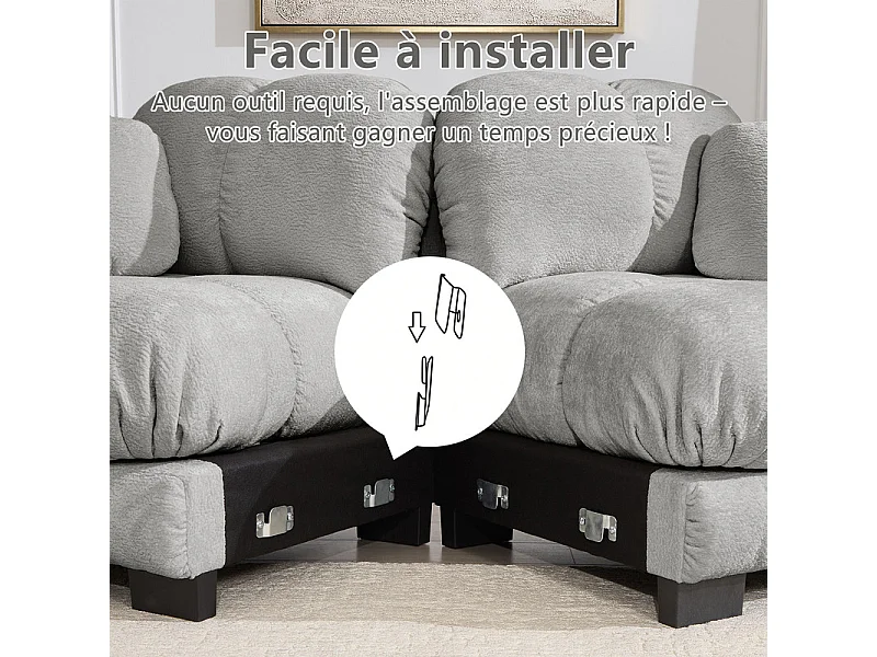 Sofá 3 plazas en Chenilla, con asiento acolchado y 2 cojines, 260x86x90cm, Gris