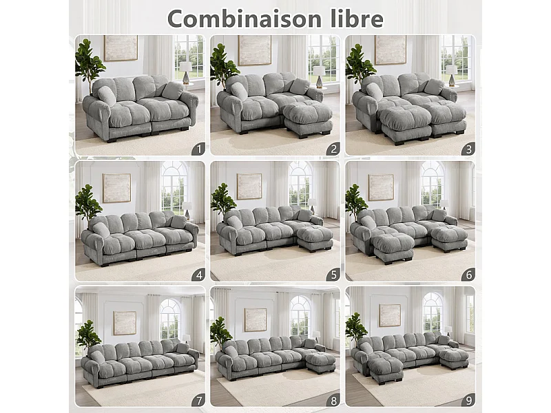 Sofá 3 plazas en Chenilla, con asiento acolchado y 2 cojines, 260x86x90cm, Gris