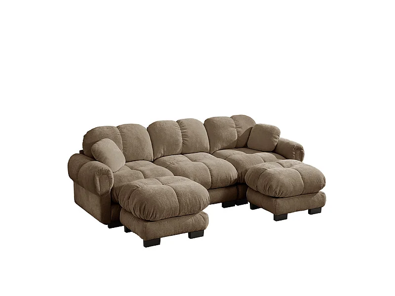 Modulaire panoramische hoekbank in Chenille, met 2 poefs en 2 kussens, 260x149x90cm, Bruin