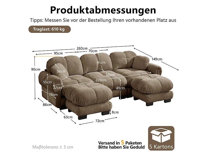 Modulaire panoramische hoekbank in Chenille, met 2 poefs en 2 kussens, 260x149x90cm, Bruin