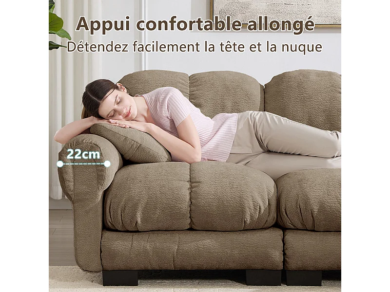 Modulaire panoramische hoekbank in Chenille, met 2 poefs en 2 kussens, 260x149x90cm, Bruin