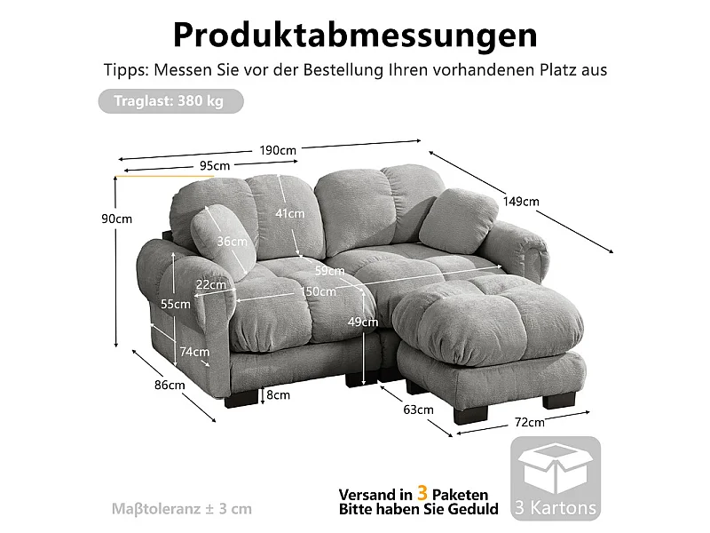 Canapé d'angle modulable en Chenille, avec pouf amovible et 2 oreillers, 190x149x90cm, Gris